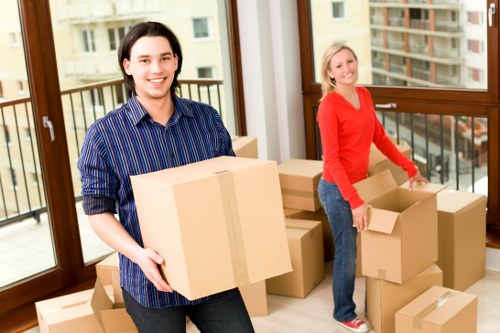 Packed moving boxes ready for transport in North Finchley